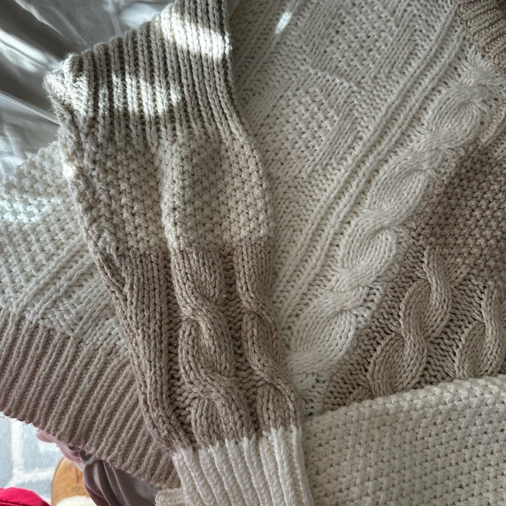 Aerie Patchwork Cable Knit Sweater - Cream and Tan - Picture 3 of 4
